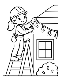 Free printable Young Electrician Hanging Holiday Lights coloring page