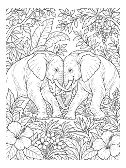 Two young bulls touch tusks in this detailed elephant coloring page.