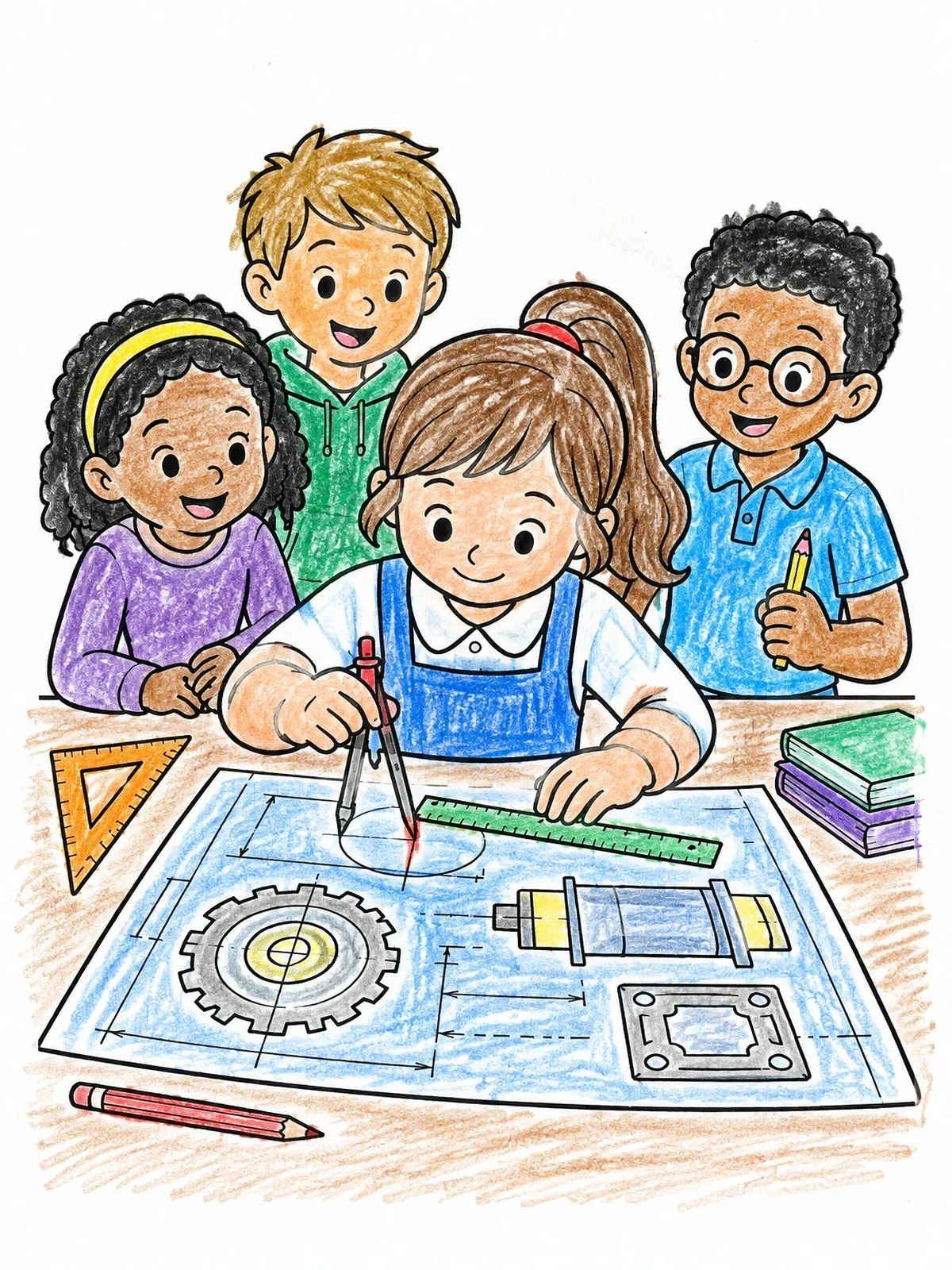 Colored example of the Young Engineers Drafting Machine Blueprints coloring page