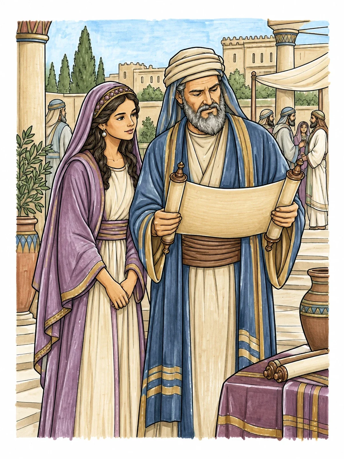 Colored example of the Young Esther And Mordecai With Scroll coloring page