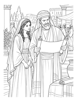 Young Esther listening to Mordecai read a scroll in this detailed esther coloring page.