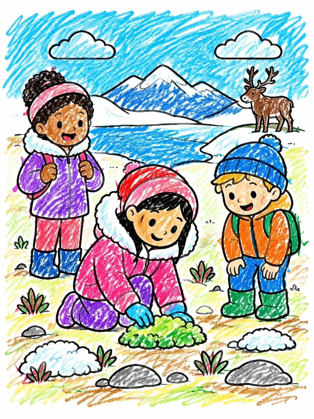 Colored example of the Young Explorers In The Tundra Biome coloring page