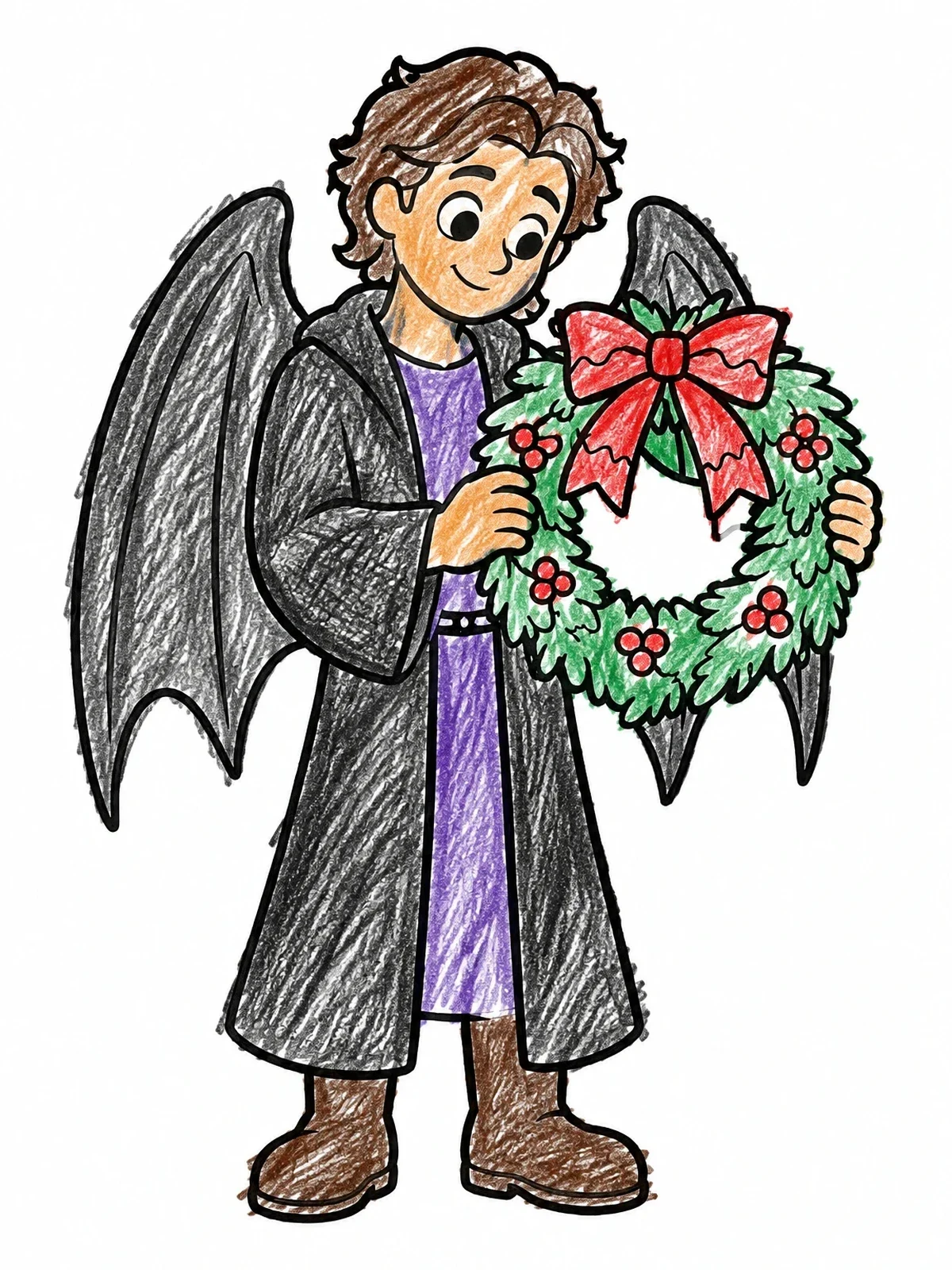 Colored example of the Young Fallen Angel Holding Wreath coloring page