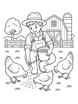 A young boy feeding grain to three chickens on a farm in this charming farmer coloring page.