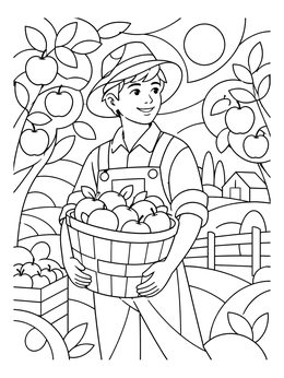 A smiling boy holding an apple basket in an orchard on this farmer coloring page.