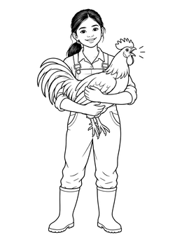 A young farmer coloring page featuring a smiling girl holding a crowing rooster.