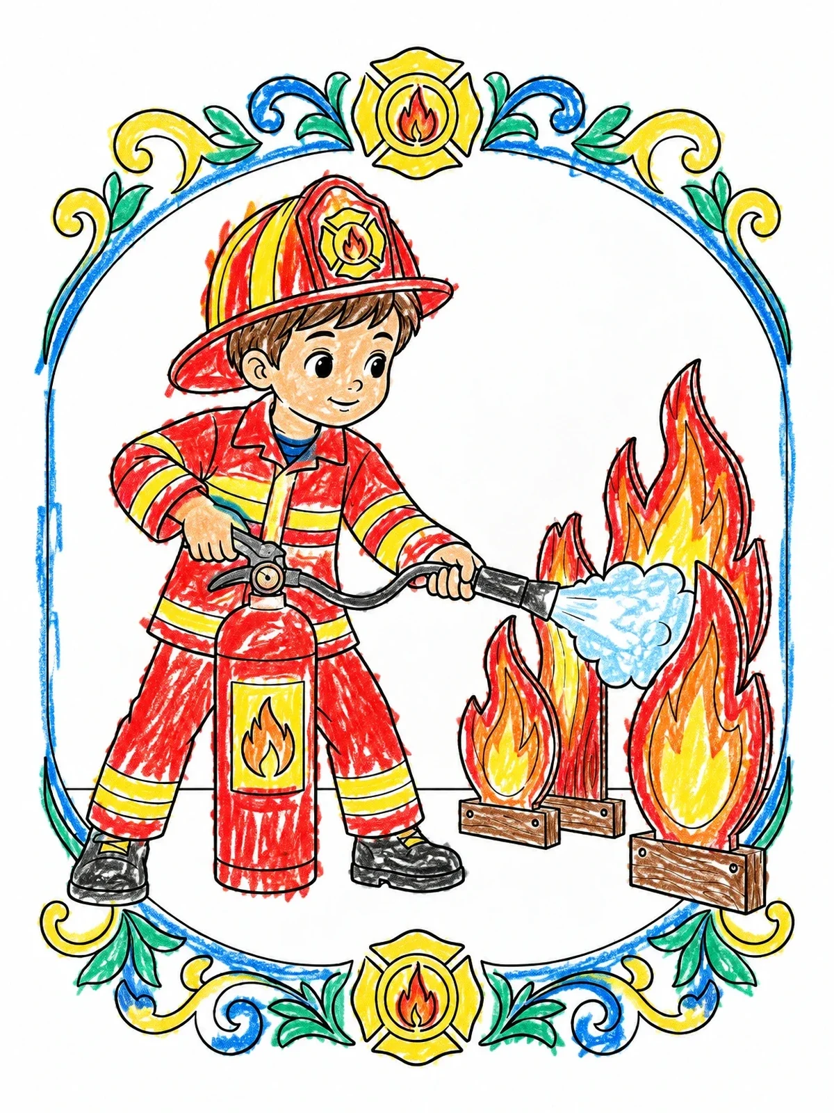 Colored example of the Young Firefighter Practicing With Extinguisher coloring page