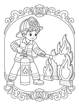 A young child practicing drills in this fire extinguisher coloring page.
