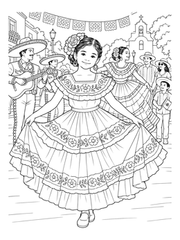 A festive charro days coloring page showing a smiling girl dancing in a ruffled embroidered dress.