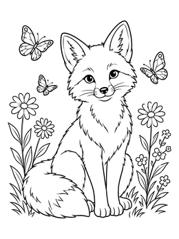 A sweet young fox coloring page featuring blooming daisies and fluttering butterflies.