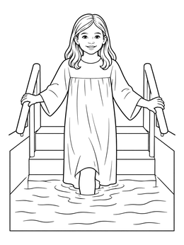 A smiling young girl in a white gown on this baptism coloring page steps into the water.