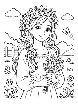 Free printable Young Girl With Floral Crown coloring page
