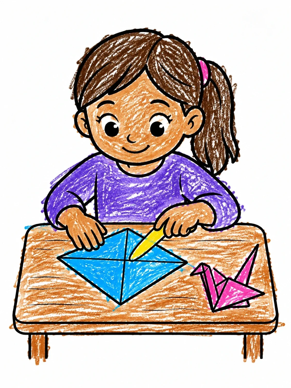 Colored example of the Young Girl Folding Origami Paper coloring page