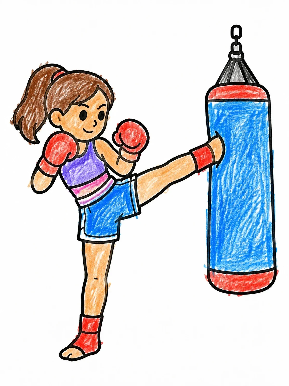 Colored example of the Young Girl Practicing Kickboxing coloring page