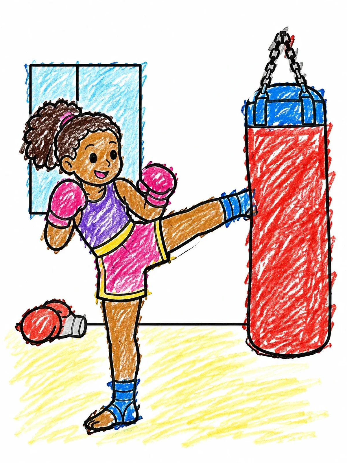 Colored example of the Young Girl Practicing Kickboxing coloring page