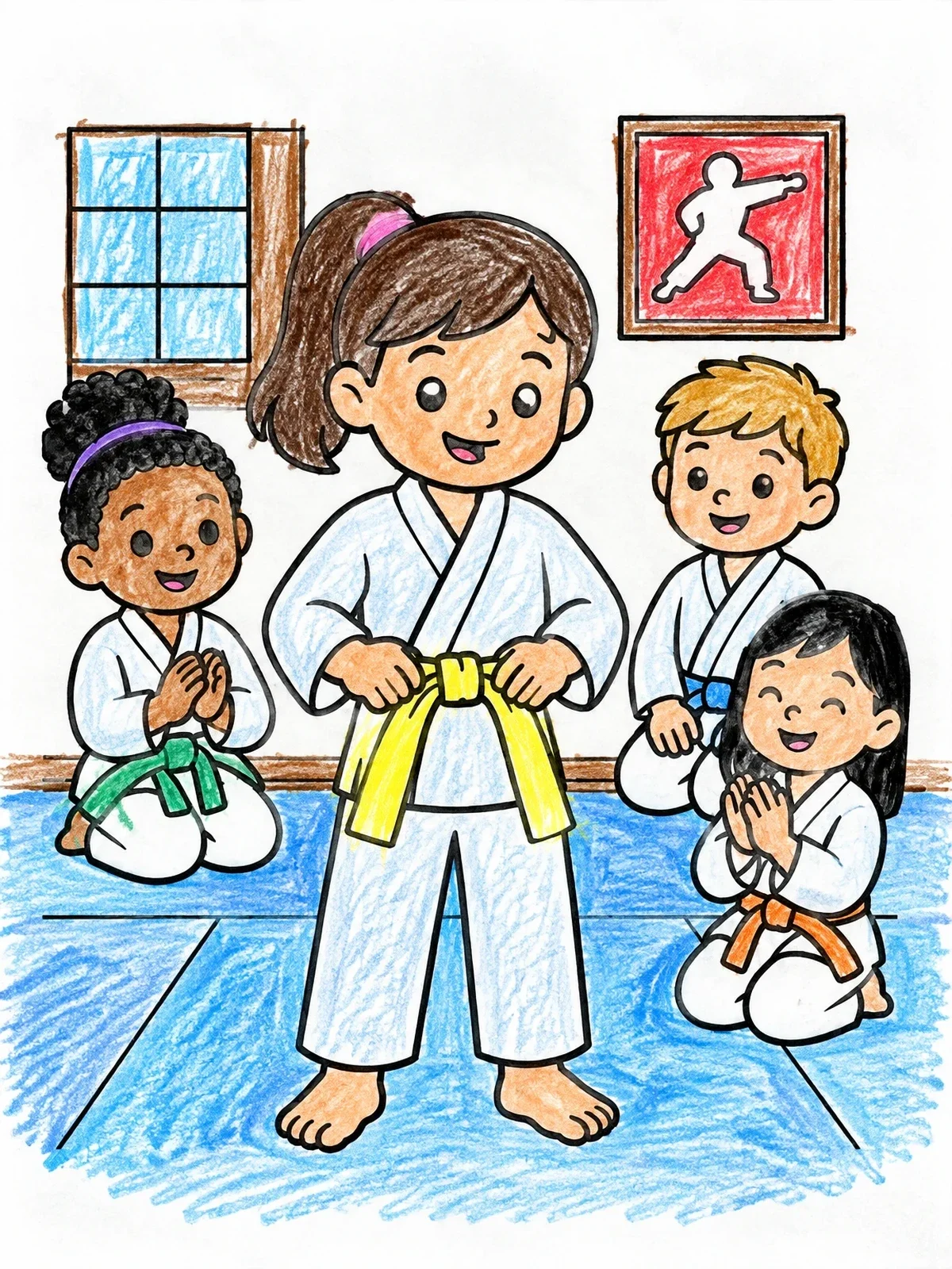 Colored example of the Young Girl Tying Karate Belt coloring page