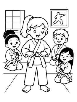 A smiling girl in a karate coloring page tying her belt as classmates clap in the dojo.