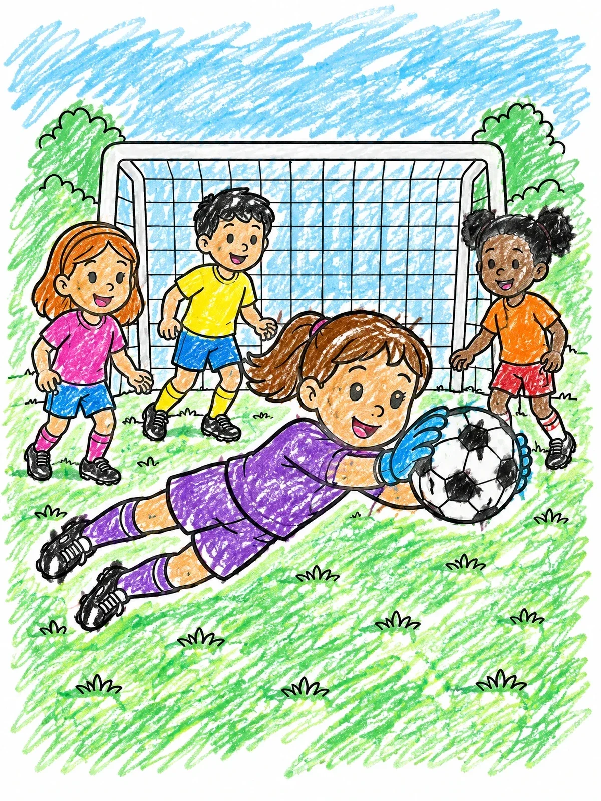Colored example of the Goalie Catching The Soccer Ball coloring page