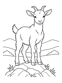 A young goat stands atop rocks in this detailed goat coloring page.