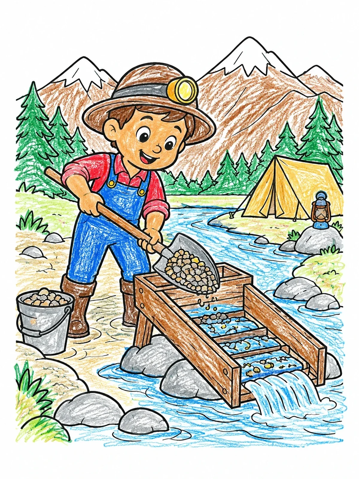 Colored example of the Young Gold Miner With Sluice Box coloring page