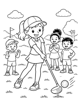 A happy girl swings her club on this golf coloring page with friends watching.