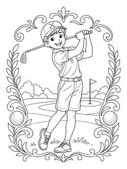 A smiling boy finishing a swing on this golf coloring page with a decorative floral frame.
