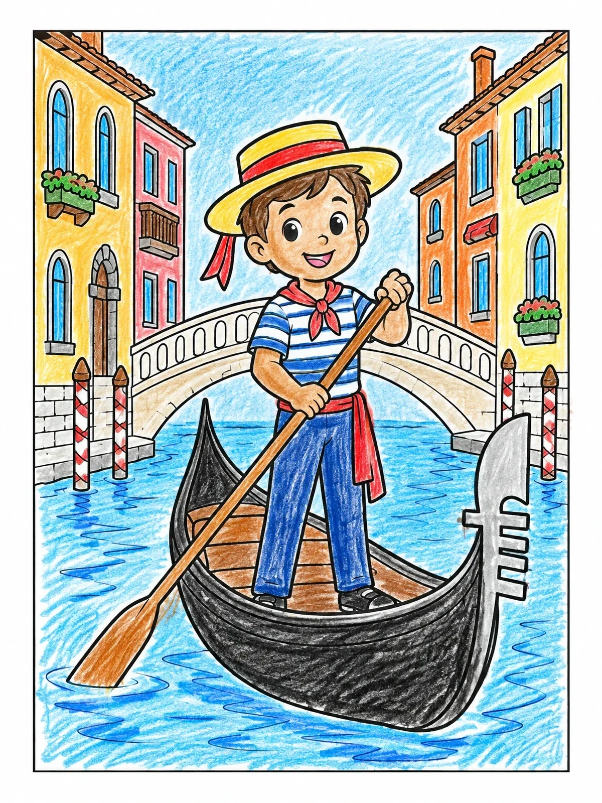 Colored example of the Young Gondolier In Venice Canal coloring page