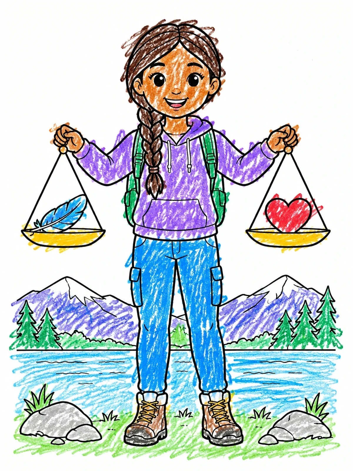 Colored example of the Young Hiker Balancing Scales Of Libra coloring page