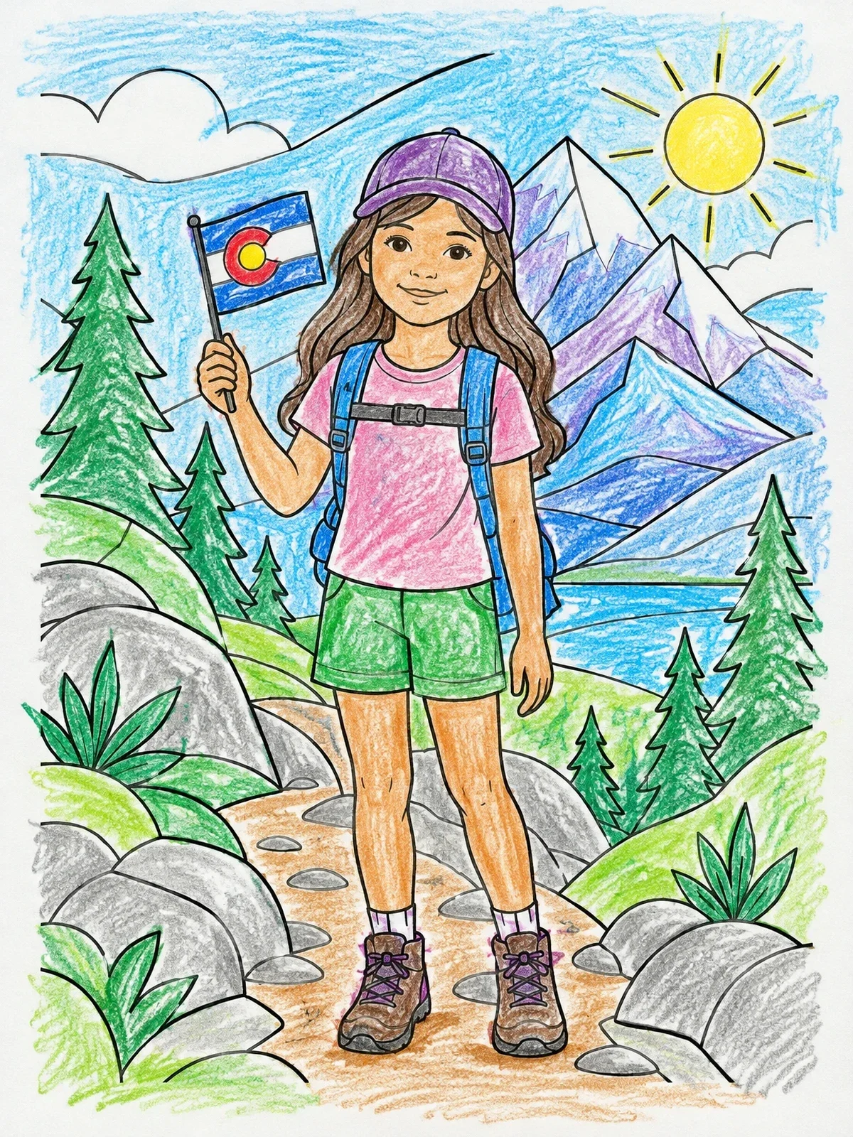 Colored example of the Young Hiker With Colorado Flag coloring page