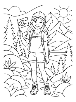 A smiling young girl on a hiking trail holds a mini flag in this colorado coloring page.