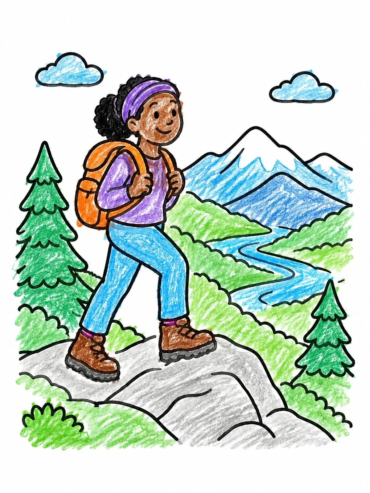 Colored example of the Young Hiker Walking On Mountain Trail coloring page