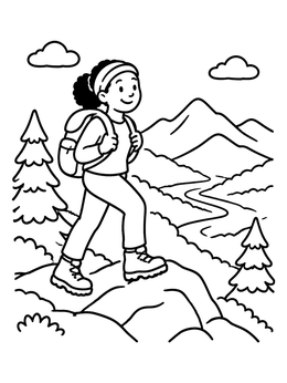 Free printable Young Hiker Walking On Mountain Trail coloring page