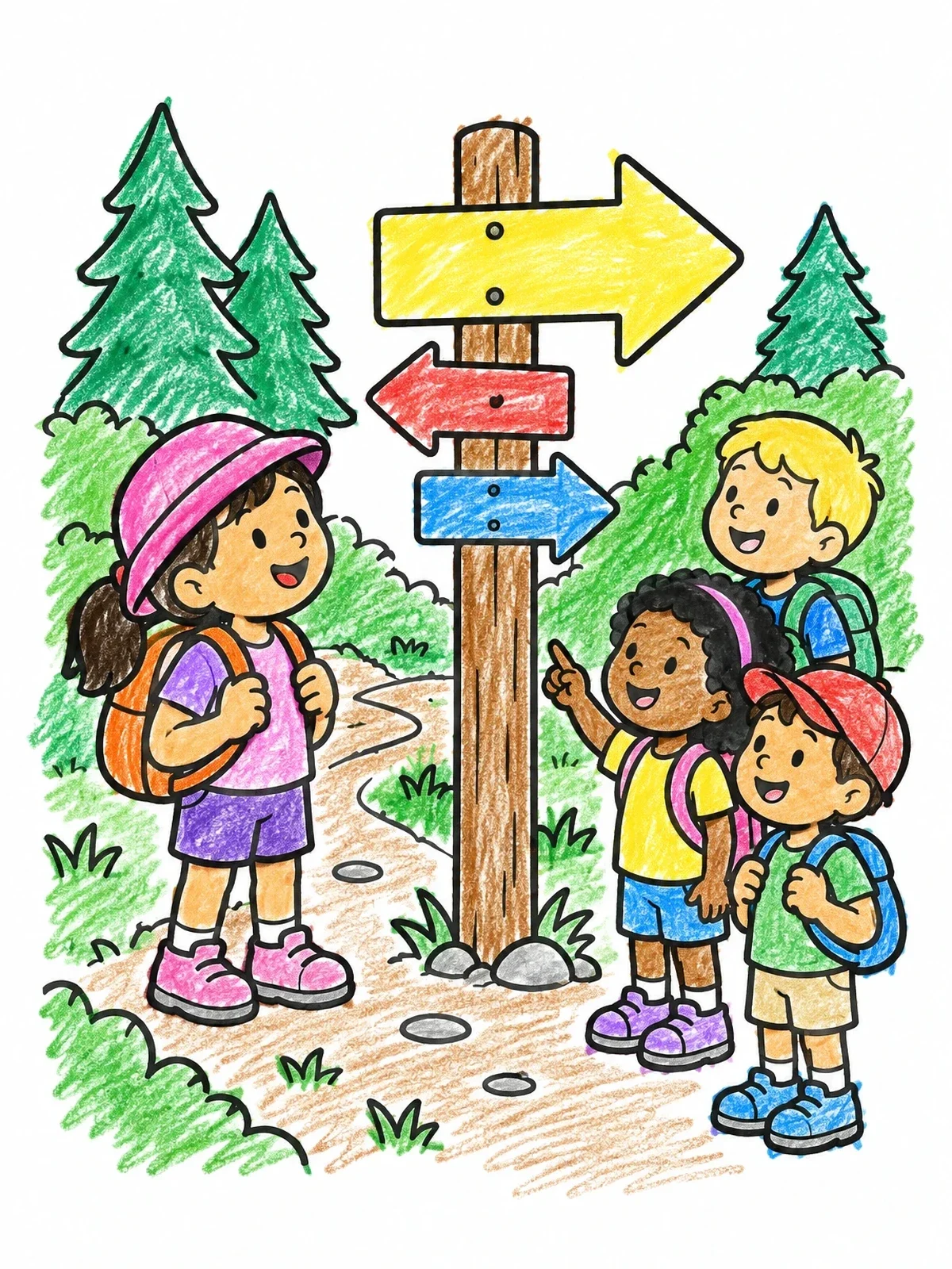 Colored example of the Young Hikers By Arrow Trail Sign coloring page