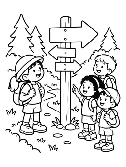 Free printable Young Hikers By Arrow Trail Sign coloring page