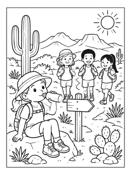 Free printable Young Hikers On A Desert Trail coloring page