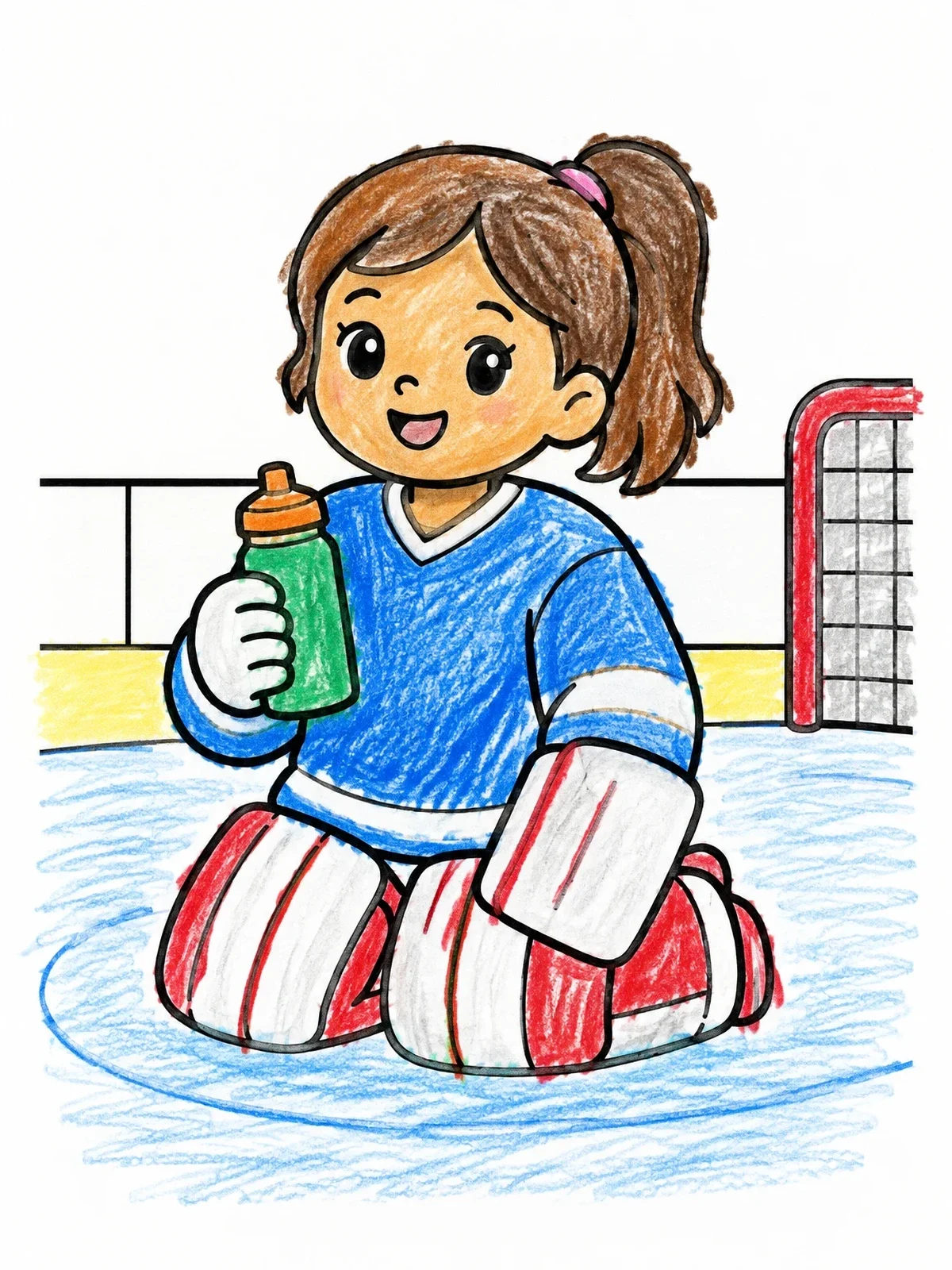 Colored example of the Young Hockey Goalie Water Break coloring page