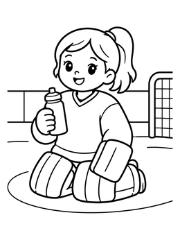 A cheerful young goalie takes a break with a drink in this hockey coloring page.