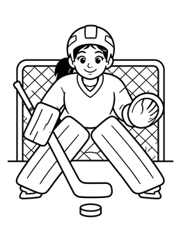 A young ice hockey goaltender guards the net in this hockey coloring page.