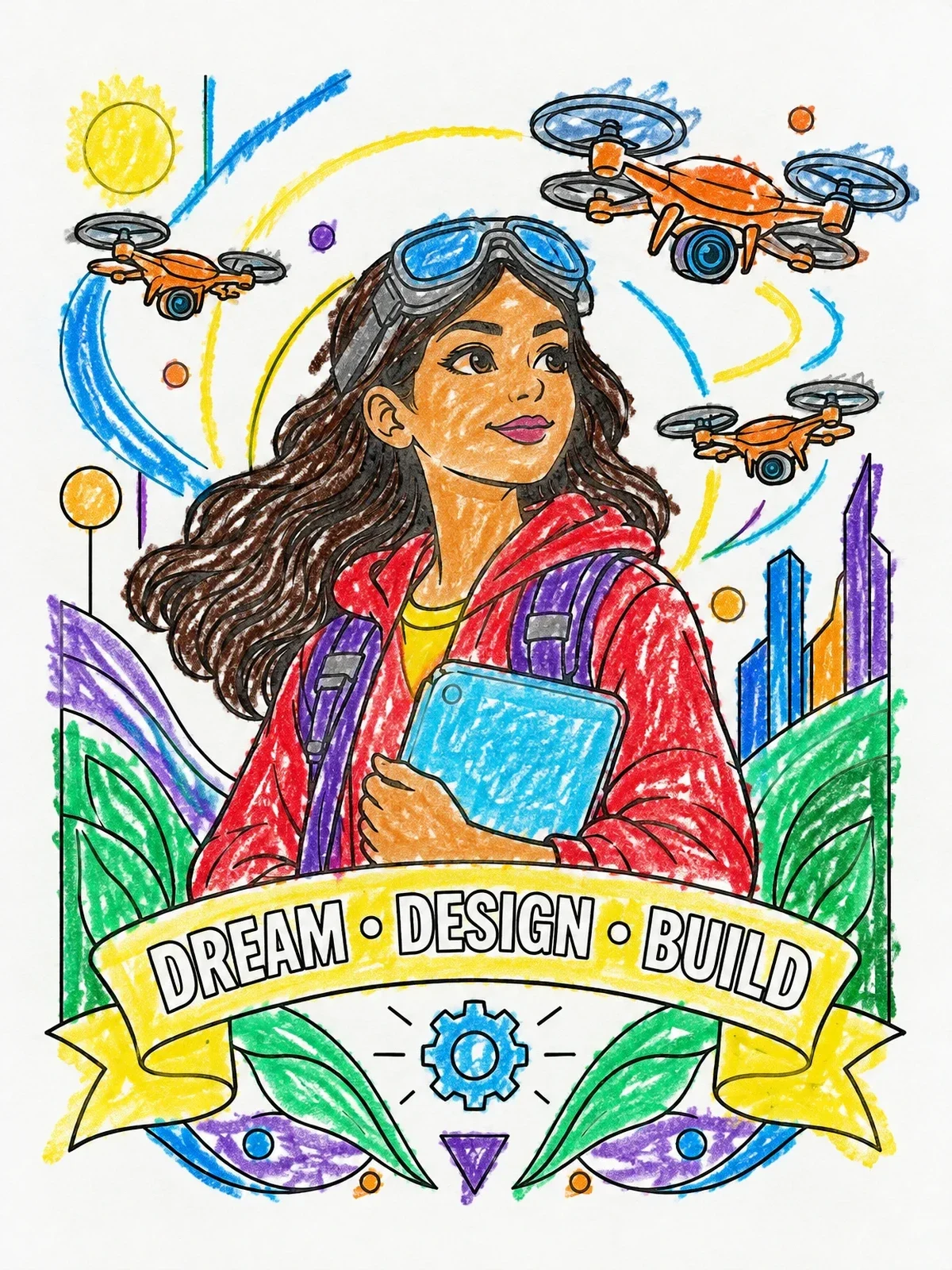 Colored example of the Young Inventor Drone Book Cover coloring page