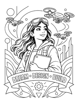 A young female inventor with flying drones on this book cover coloring page.