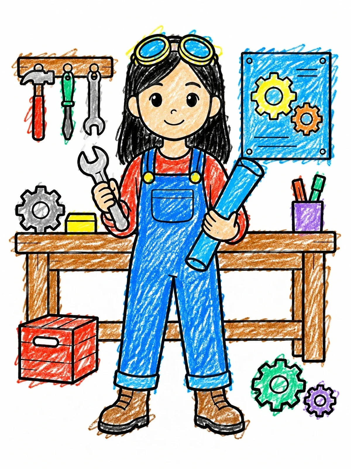 Colored example of the Young Inventor In Her Workshop coloring page