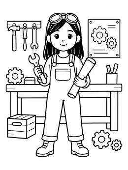 Free printable Young Inventor In Her Workshop coloring page