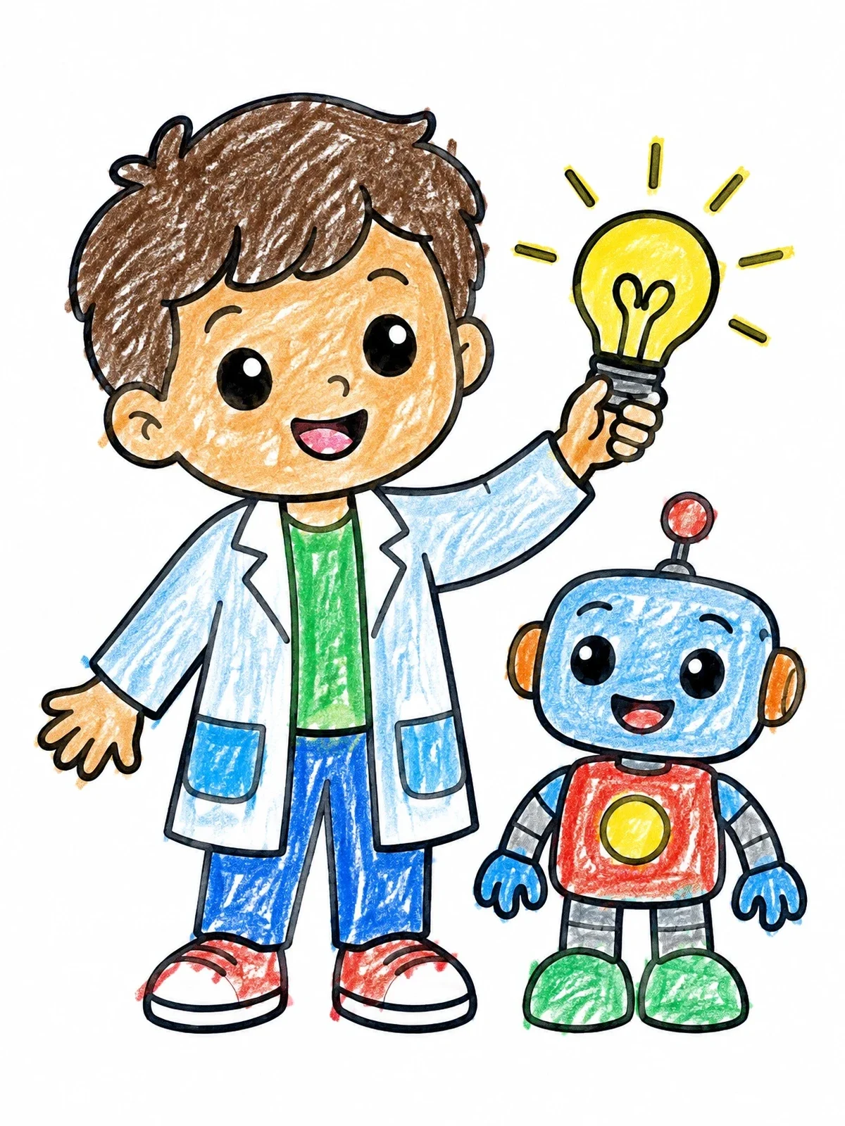 Colored example of the Young Inventor With Robot And Light Bulb coloring page