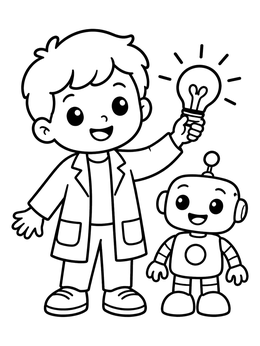 Free printable Young Inventor With Robot And Light Bulb coloring page