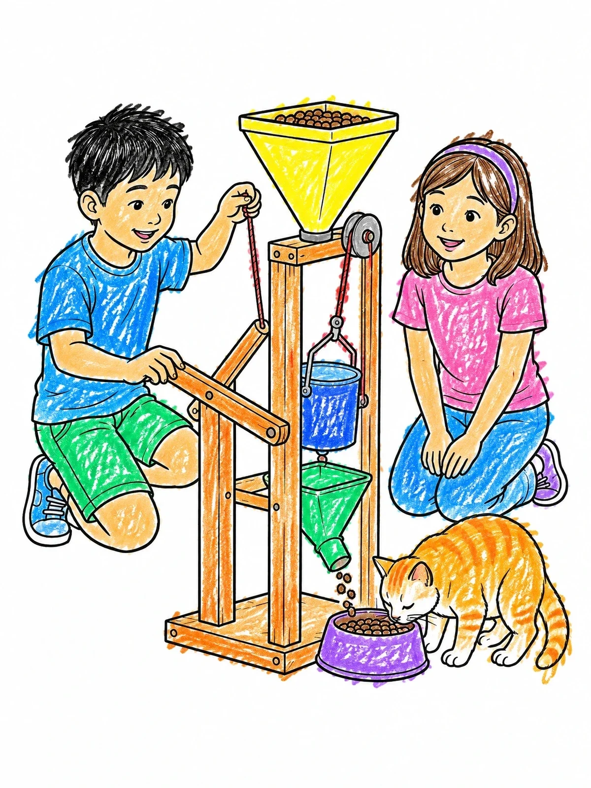 Colored example of the Young Inventors Building An Automatic Cat Feeder coloring page