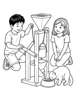 Free printable Young Inventors Building An Automatic Cat Feeder coloring page