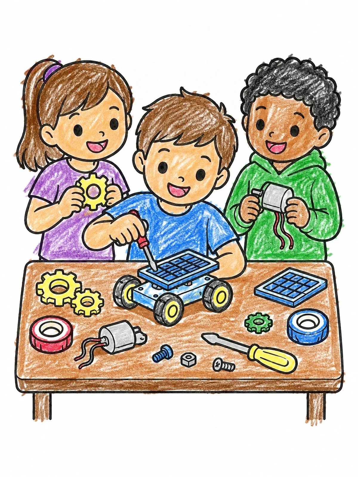 Colored example of the Young Inventors Building A Solar Car coloring page