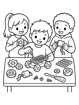 Free printable Young Inventors Building A Solar Car coloring page