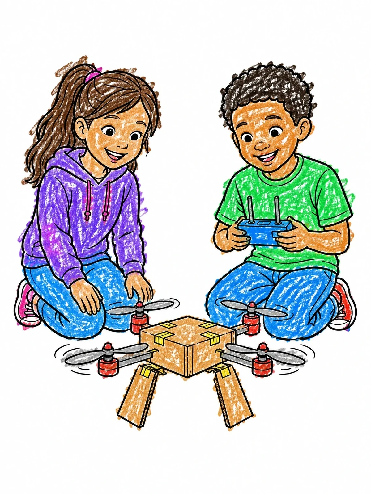 Colored example of the Young Inventors Testing A Homemade Drone coloring page