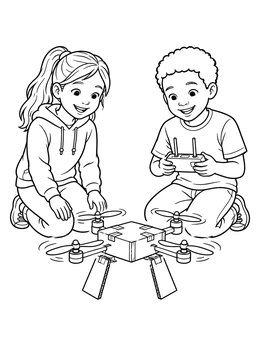 Free printable Young Inventors Testing A Homemade Drone coloring page